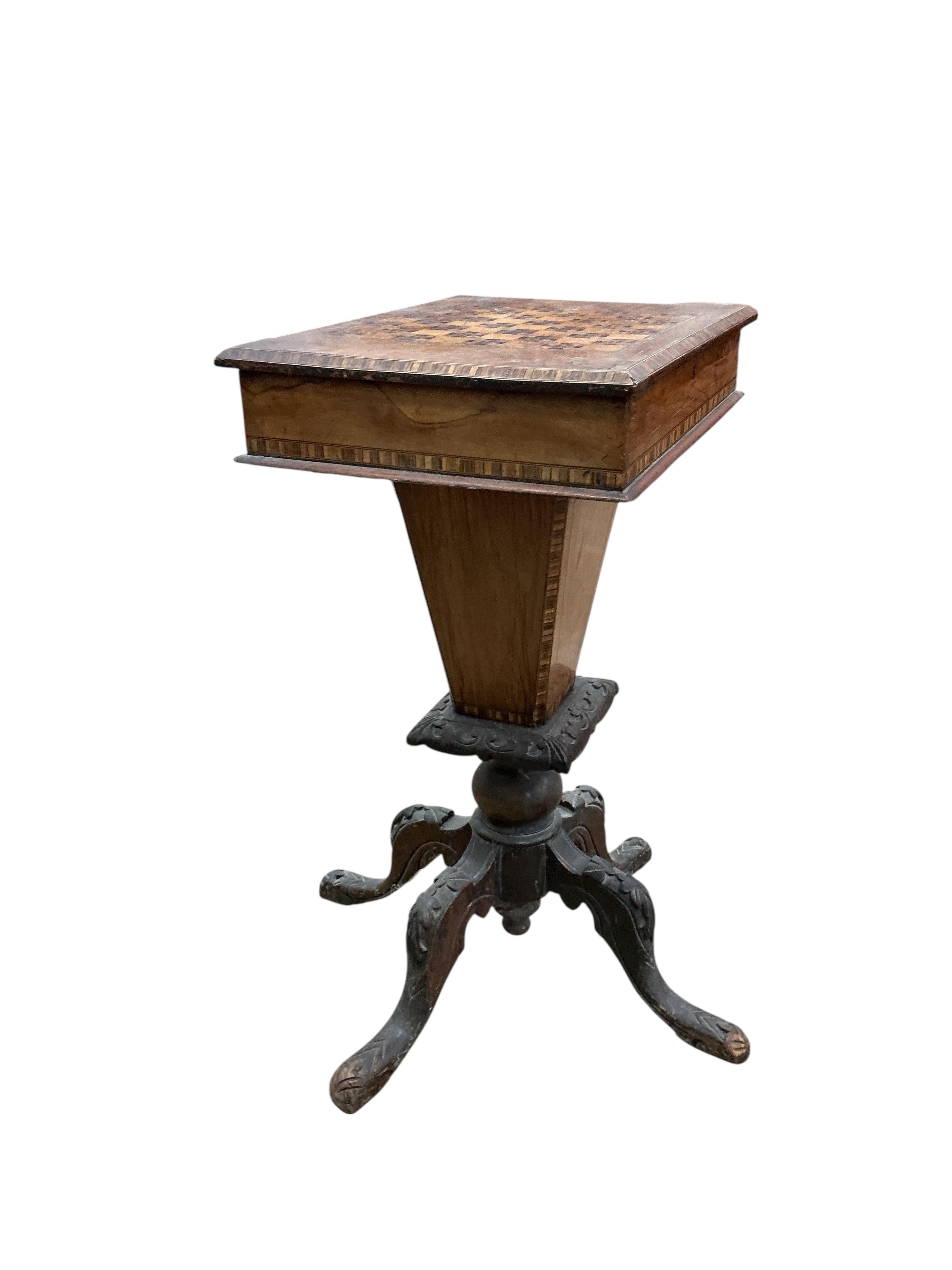 A Victorian parquetry inlaid walnut games/work table, width 48cm, depth 35cm, height 78cm.